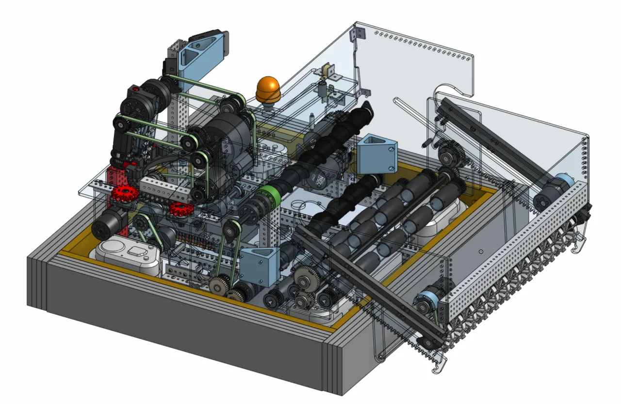 Robot CAD assembly showing the frame, rollers, belts, gears, and mechanical components.