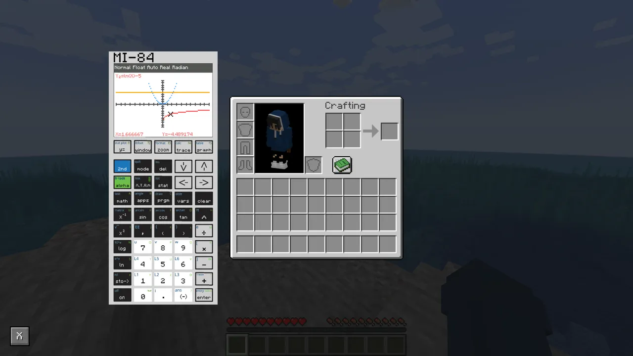 MI-84 graphing calculator displaying several graphs beside the Minecraft player inventory.